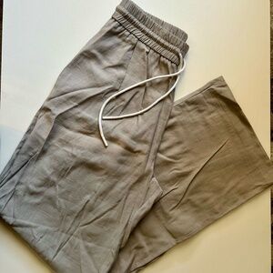 Gray Linen-Blend Wide Leg Drawstring Pants